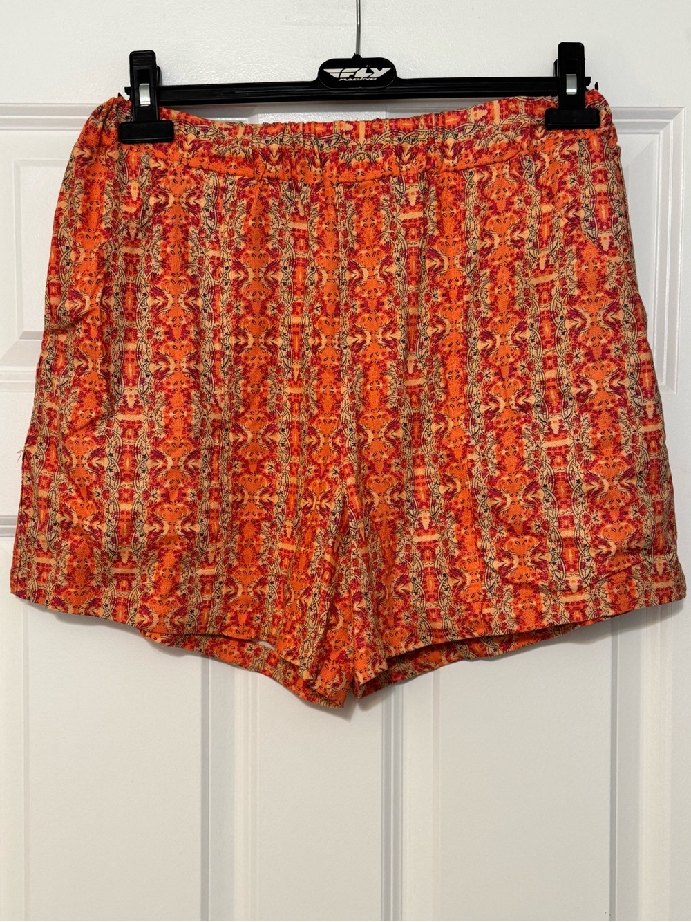 NWT Hester & Orchard Ikat Orange Red Boho High Waist Linen Blend Pullon Shorts M